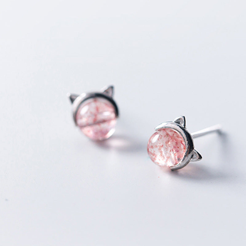 Strawberry Crystal S925 Silver Cat Earrings