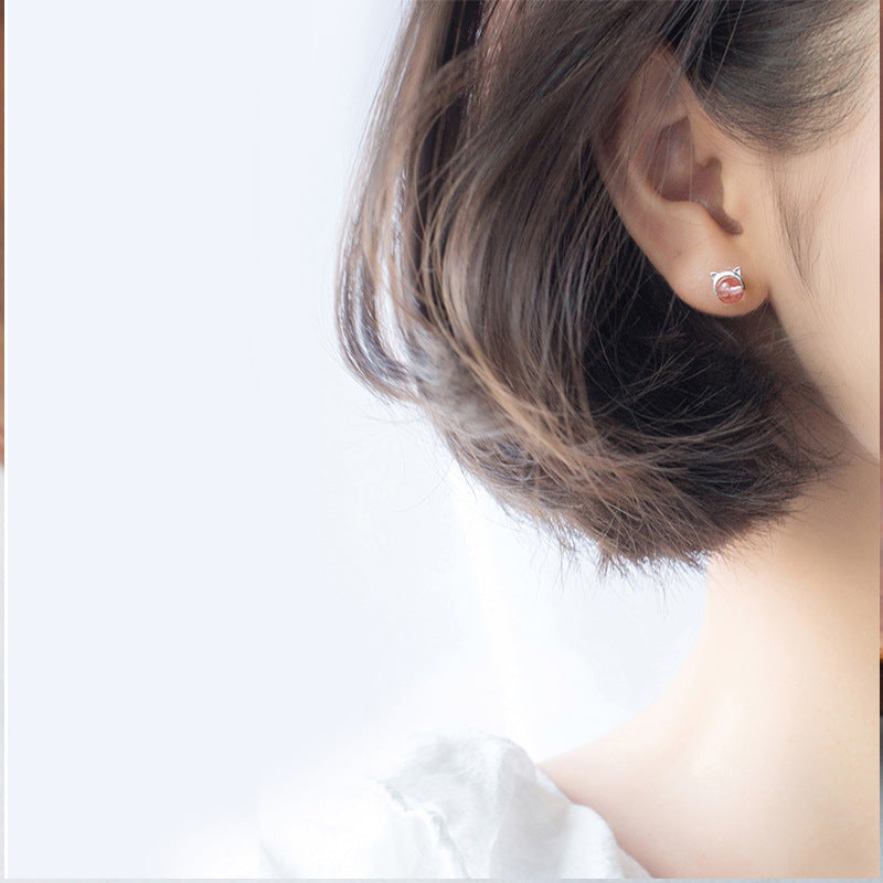 Strawberry Crystal S925 Silver Cat Earrings